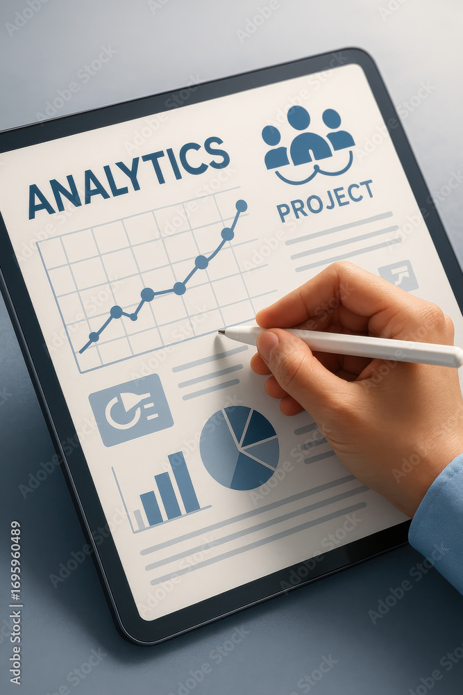 Poster digital tablet showing analytics project with charts and graphs being analyzed
