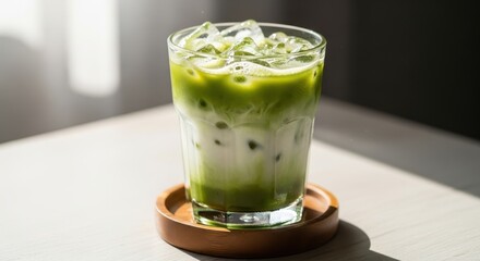 Iced Matcha Latte with Ice Cubes on Wooden Tray