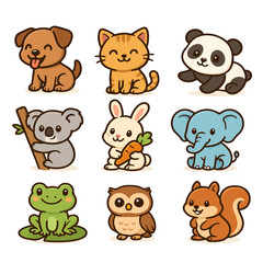 Cute Animal Cartoon Vector Set. Dog, Cat, Panda, Koala, Rabbit, Elephant, Frog, Owl, Squirrel