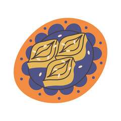 Chebakia Sweet Cookie Hand Drawn Illustration. Vector honey dessert with sesame seeds, festive Maghrebi pastry drawing used for holidays, cultural design, and culinary projects.