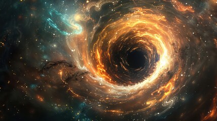 Vibrant cosmic black hole swirling with nebula and stars