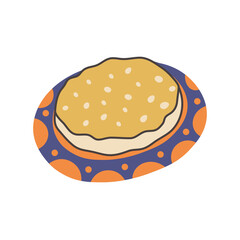 Khobz Moroccan Flatbread Hand Drawn Illustration. Round baked pastry from Maghrebi cuisine, rustic circle meal with wheat dough, handmade food drawing. Flat Vector