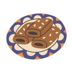 Makrout Cookie Hand Drawn Illustration. Traditional Maghreb Cuisine Dessert with sesame seeds on decorative plate. Flat vector art for cultural projects.