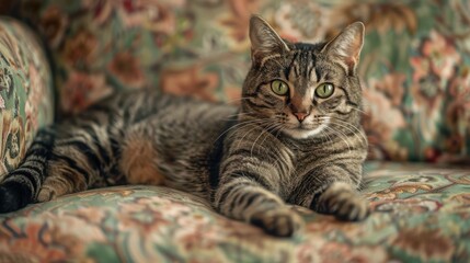 Tabby cat lounging on a floral patterned sofa
