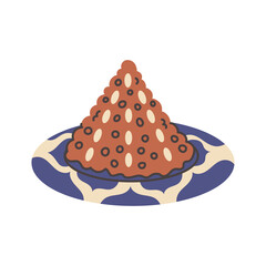 Sellou Sfouf Dessert Hand Drawn Illustration. Cone shaped sweet made with flour, nuts, and honey from Maghrebi culture, festive drawing for culinary, traditional projects. Flat Vector