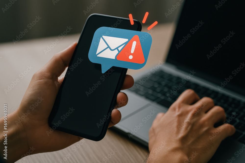 Poster email alert notification on smartphone screen with person typing on laptop keyboard