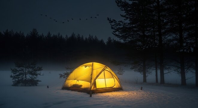 Illuminated Tent in Snowy Winter Landscape at Night - Powered by Adobe
