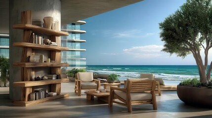 Fototapeta premium Coastal Luxury Outdoor Living, Ocean View Patio Furniture