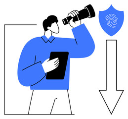 Man holding tablet and telescope near fingerprint security shield and downward arrow. Ideal for privacy, data analysis, technology, cybersecurity, exploration, innovation, strategy concepts. Simple