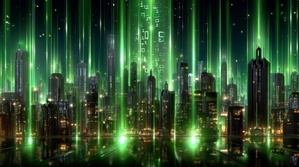Fototapeta premium Cyberpunk Cityscape Green Data Streams - Future Tech Visual
