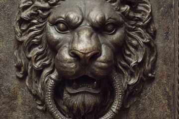 Bronze lion head with a ring in its mouth detailed mane and serious expression