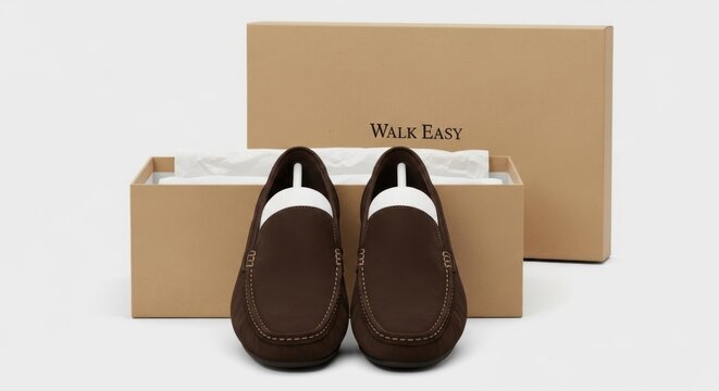 Brown suede moccasins sit in open tan box with white tissue on a white background