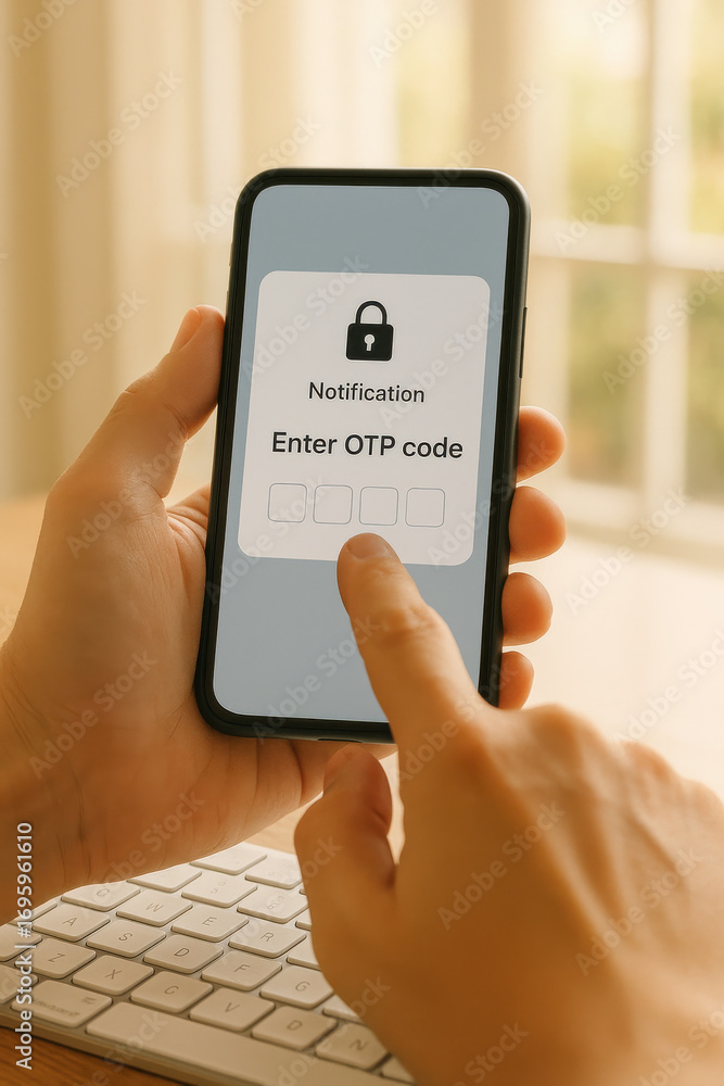 Poster person entering otp code on smartphone screen for secure notification access