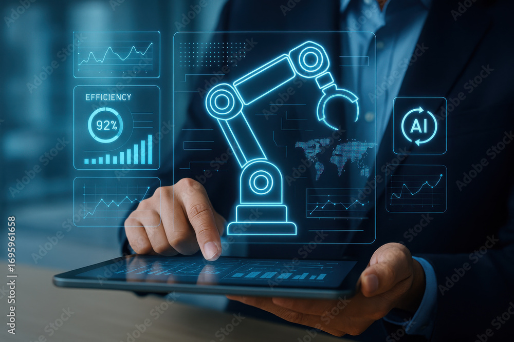 Poster industrial robotic arm and ai efficiency data displayed on digital tablet in business hand