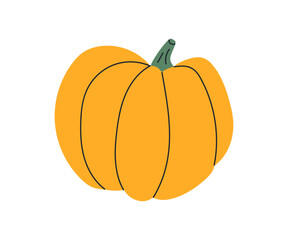 Pumpkin with stem. Round orange vegetable, autumn crop for seasonal cooking, Halloween, October holiday. Fall squash harvest, food icon. Flat vector illustration isolated on white background