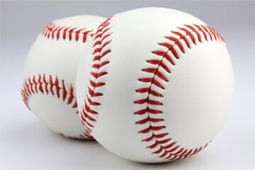 Two white baseballs, stitched with red thread, close up