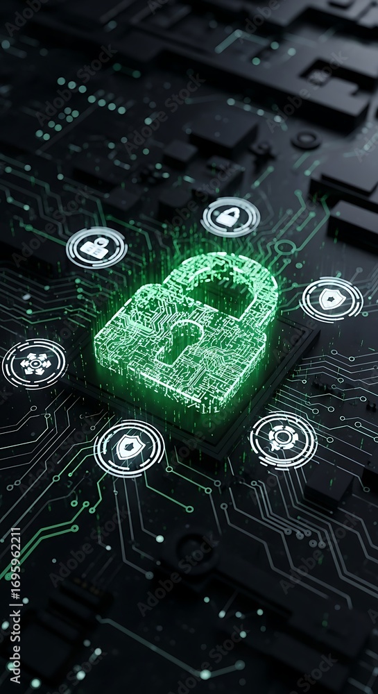 Poster cybersecurity digital lock glowing green representing secure data and advanced network protection