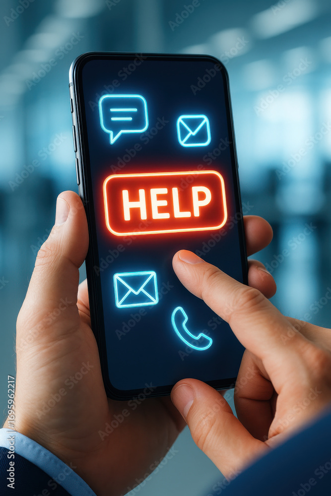 Poster help button smartphone screen with communication icons and hand touching it office environment