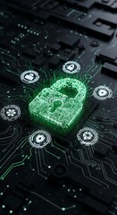 Fototapeta premium Cybersecurity digital lock glowing green representing secure data and advanced network protection