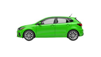 green car isolated on white. side view of white hatchback car isolated on transparent background