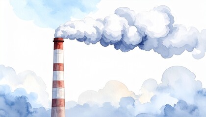 Artistic watercolor painting of an industrial chimney emitting thick smoke, a visual metaphor for air pollution and its environmental impact