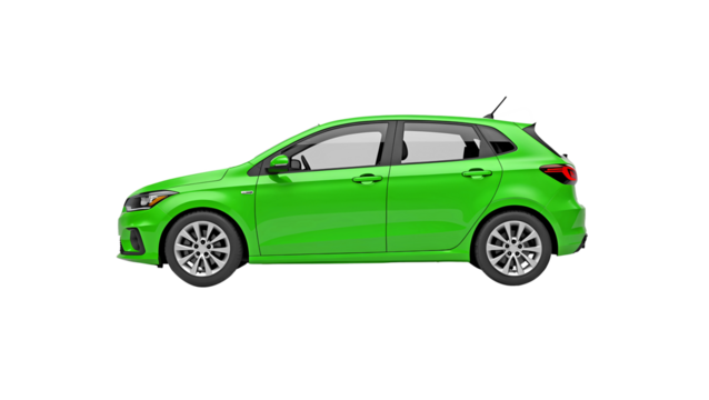 green car isolated on white. side view of white hatchback car isolated on transparent background