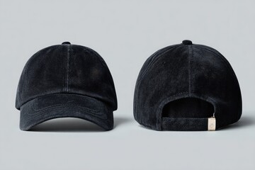 Two views of a dark navy blue corduroy baseball cap