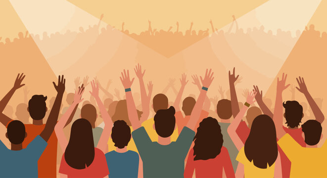 This flat design vector illustration captures the excitement of a diverse audience cheering and celebrating at a vibrant music festival. The minimalist 2D artwork conveys a sense of community and joy.