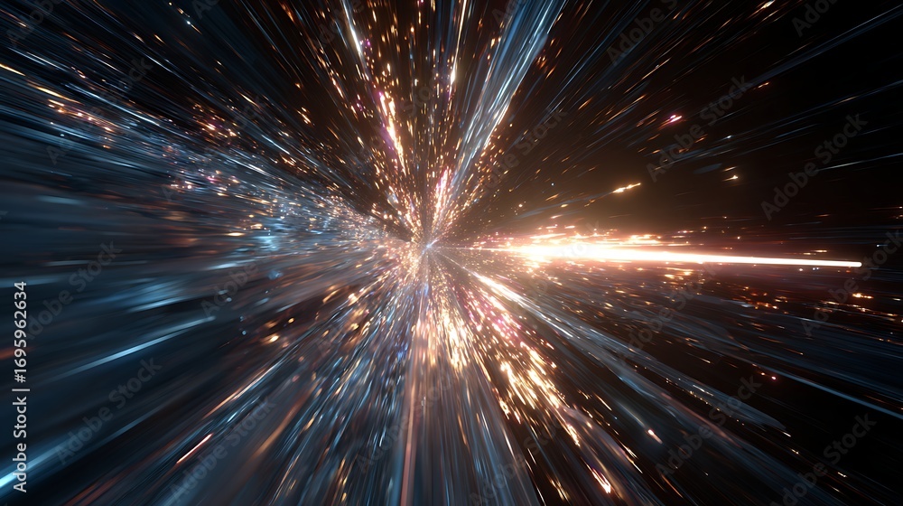 Poster abstract hyperspace jump with glowing light streaks and particles, creating a sense of speed, travel