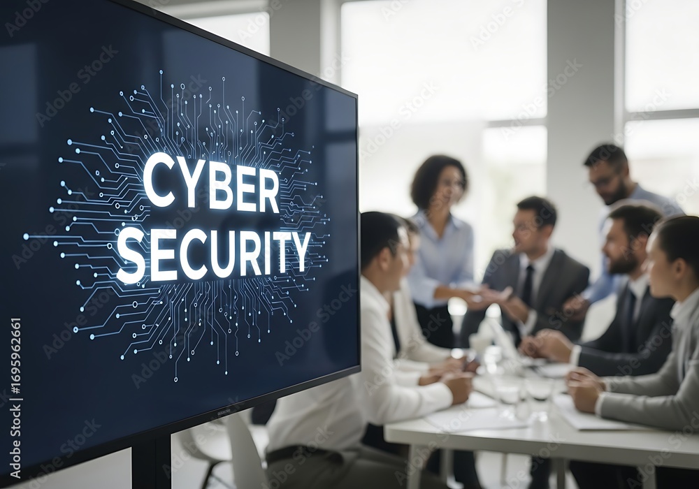 Poster team meeting focused on cybersecurity with digital data protection displayed on large screen
