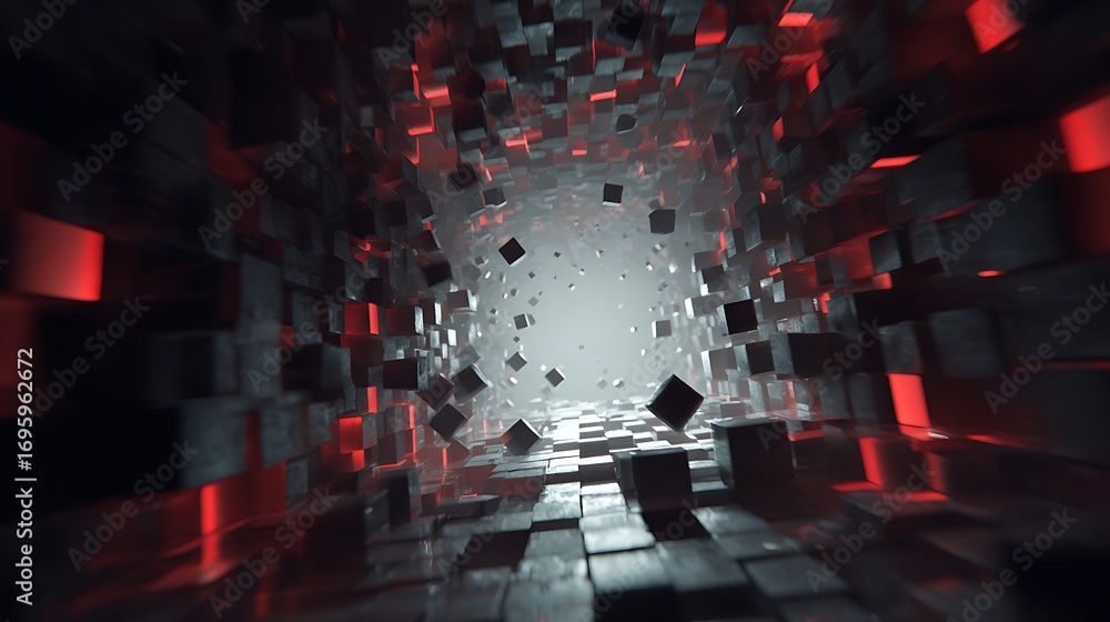 Poster abstract dark tunnel with floating cubes, creating a sense of mystery and depth, ideal for science f