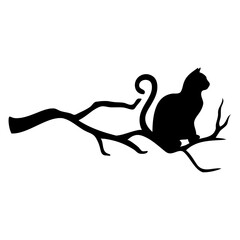 Logo con silueta de gato sentado en una rama de árbol para felicitaciones y tarjetas de Halloween © teracreonte