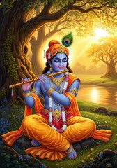 Lord krishna playing his flute in a serene natural setting with golden sunlight filtering through trees