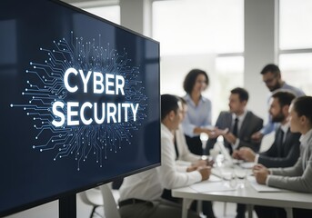 Team meeting focused on cybersecurity with digital data protection displayed on large screen