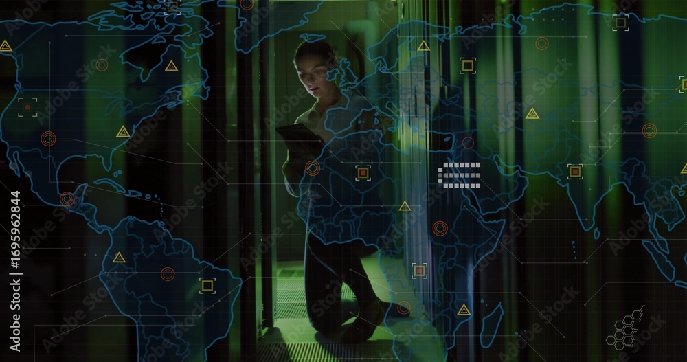 Aufkleber kneeling technician monitoring racks in data center holding tablet displaying world map overlay