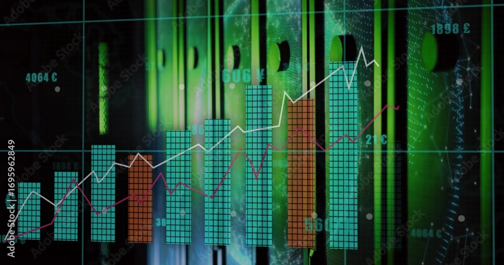 Aufkleber presenting data visualization overlaying grid over green-lit racks, showing bars and line graphs