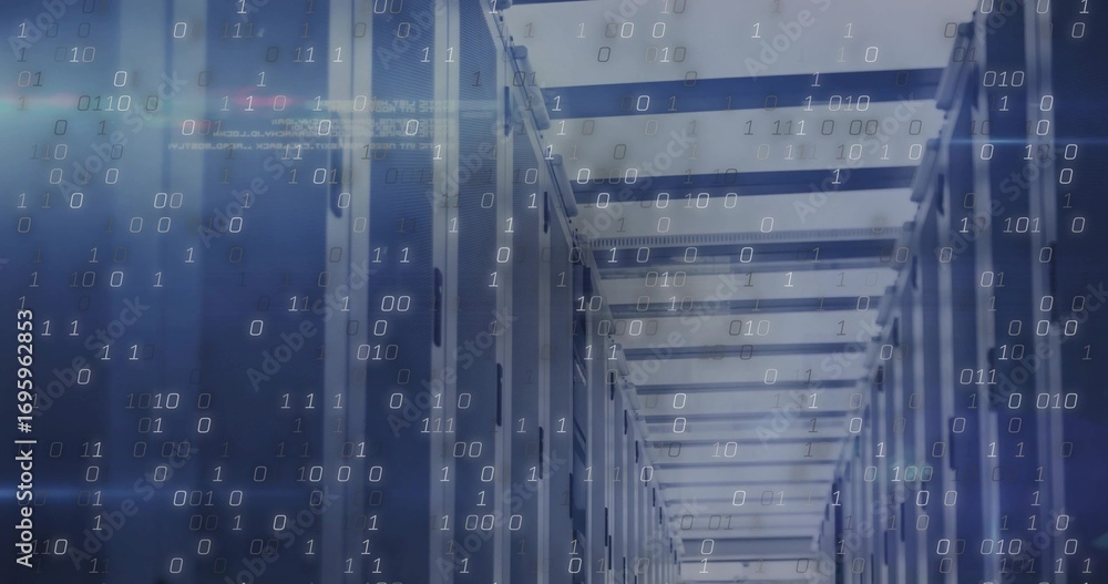 Fototapete showing datacenter corridor lined with server racks, patch cables under lighting with blinking leds