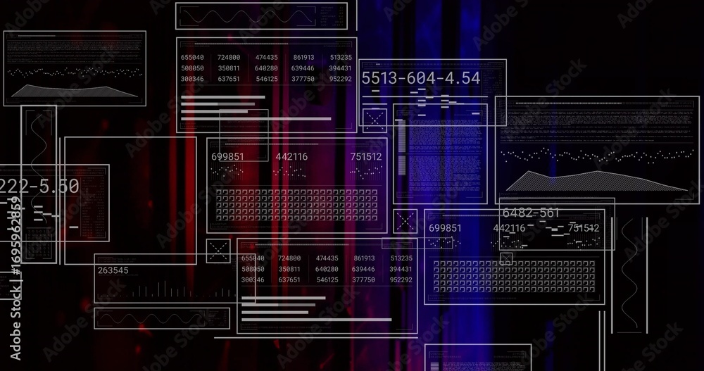 Fototapete floating wireframe panels displaying readouts and waveforms over red purple blue gradient backdrop