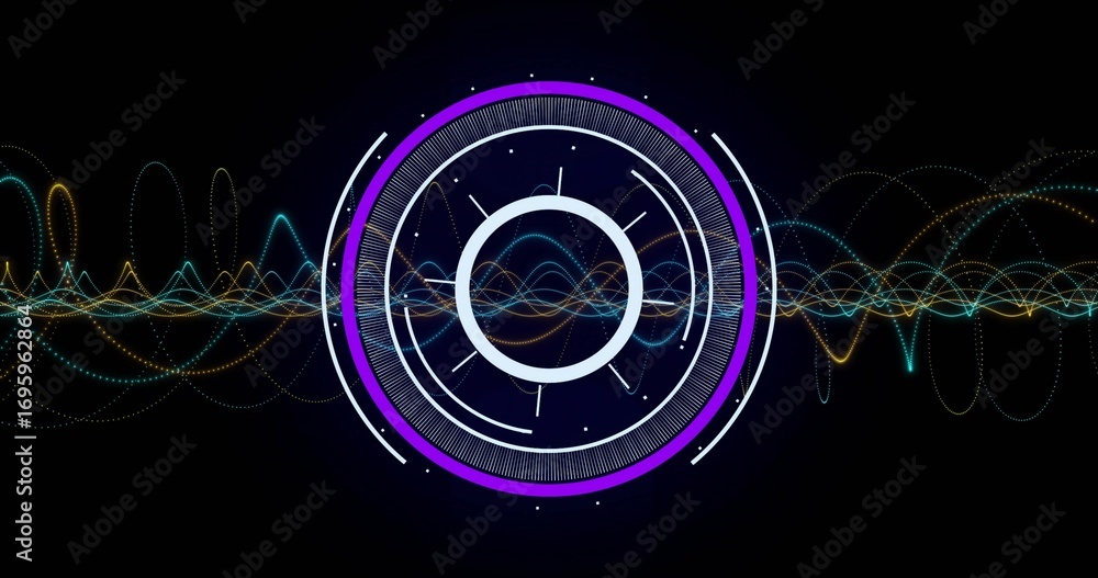 Poster displaying hud interface at dashboard, showing concentric circles, segmented arcs and waveforms