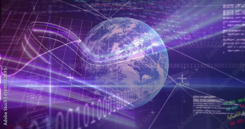 Aufkleber circulating stylized earth globe in virtual data space, showing binary digits and glowing streaks