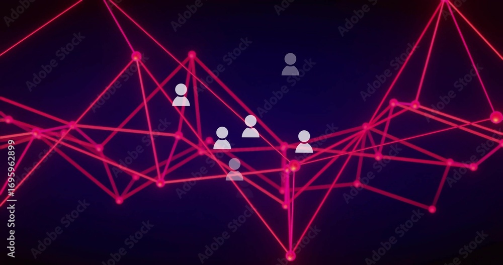 Aufkleber displaying network forming neon pink lines with glowing nodes in cyberspace, with white user icons