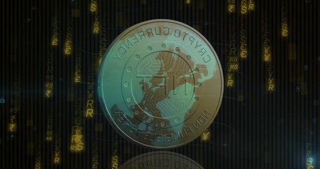 Floating Crypto NFT coin hovering above dark grid mirroring on floor, cascading currency symbols