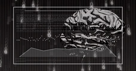 Rendering metallic brain model at right in data UI, showing code, waveforms, plots and data columns
