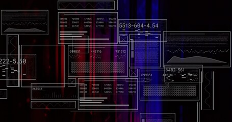 Floating wireframe panels displaying readouts and waveforms over red purple blue gradient backdrop
