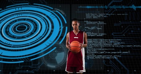 Holding orange basketball, player wearing red uniform on tech arena, with code circuit visuals