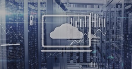 Displaying cloud and laptop overlay showing data charts in server room, with network cables