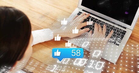 Typing woman on laptop in wooden-desk workspace, with thumbs-up icons, blue bubble 58, binary code