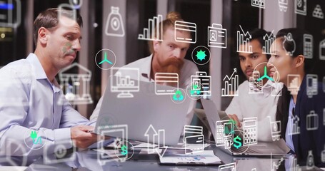 Four professionals analyzing finance data on laptops and charts in boardroom, with floating icons