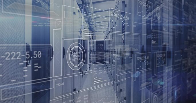 Displaying server racks in data center corridor, with translucent HUD panels and blinking LEDs