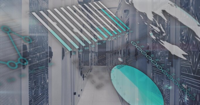 Lining server rack aisle in data center, showing overlays of network nodes, bar graphs, map, chart